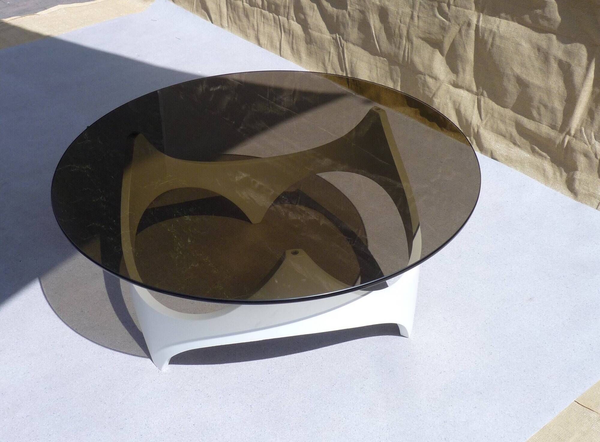 Coffee table space age wood and glass