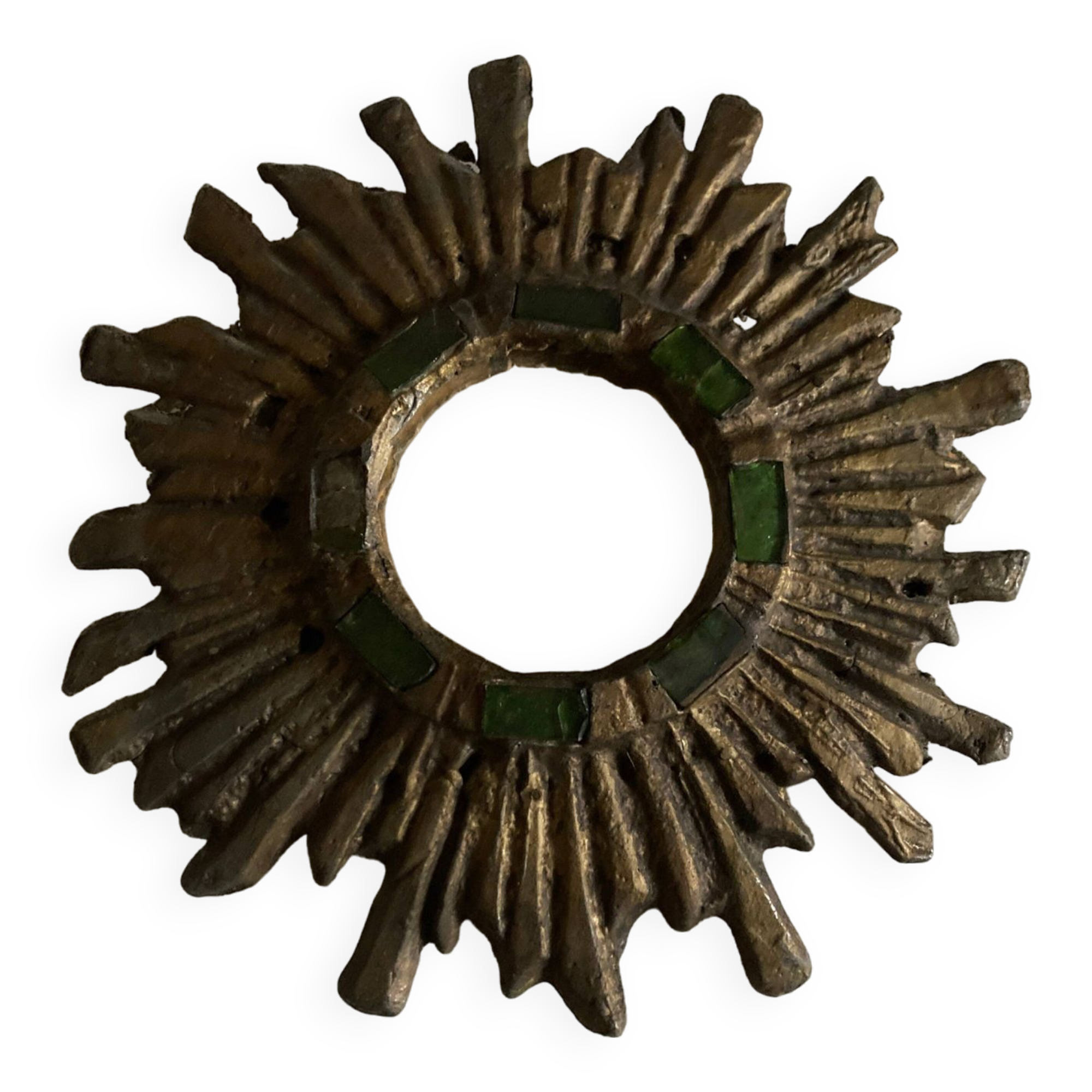 Sun mirror by Irena Jaworska in gilded lead and green glass 1960