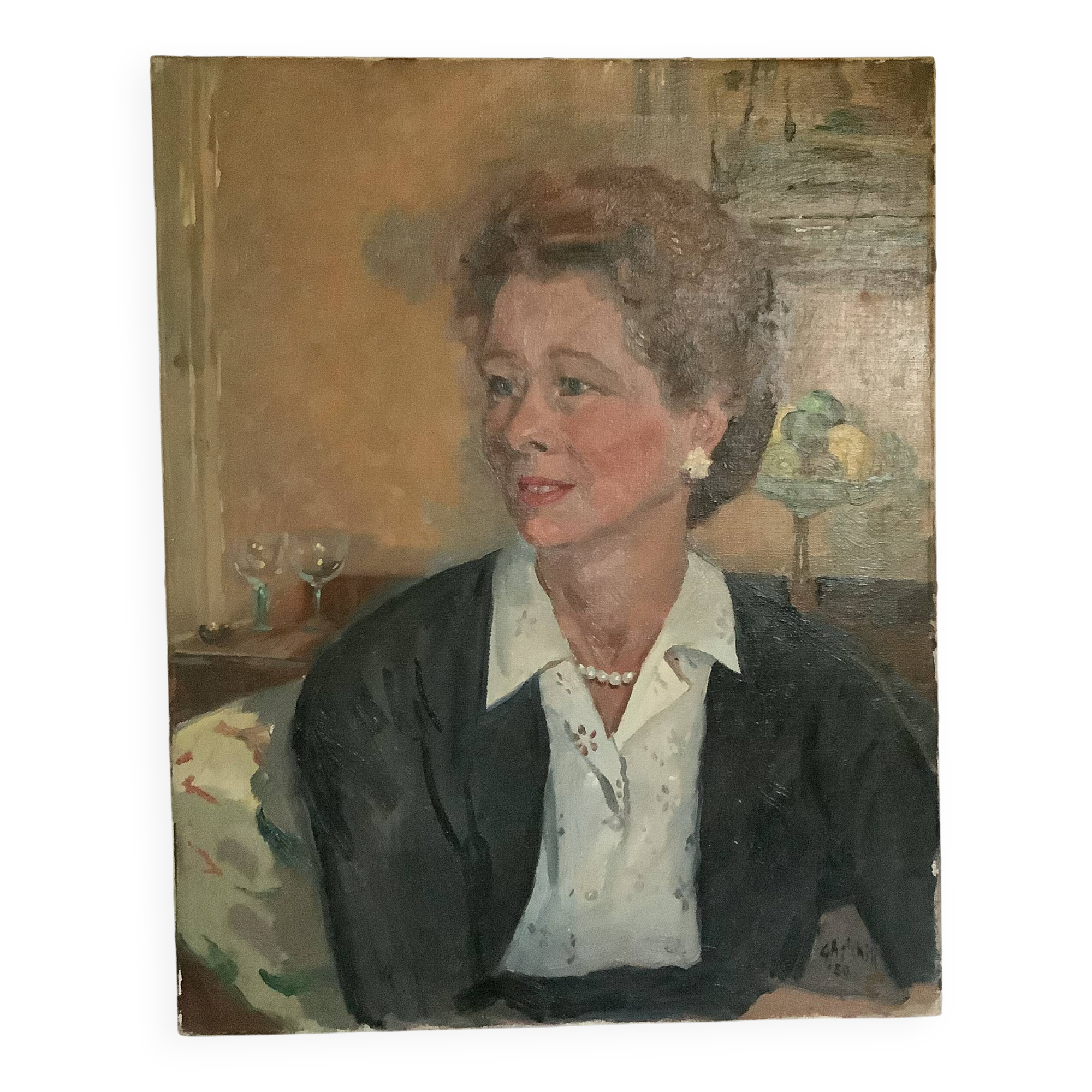 Large portrait painting of a woman, oil on canvas, signed.