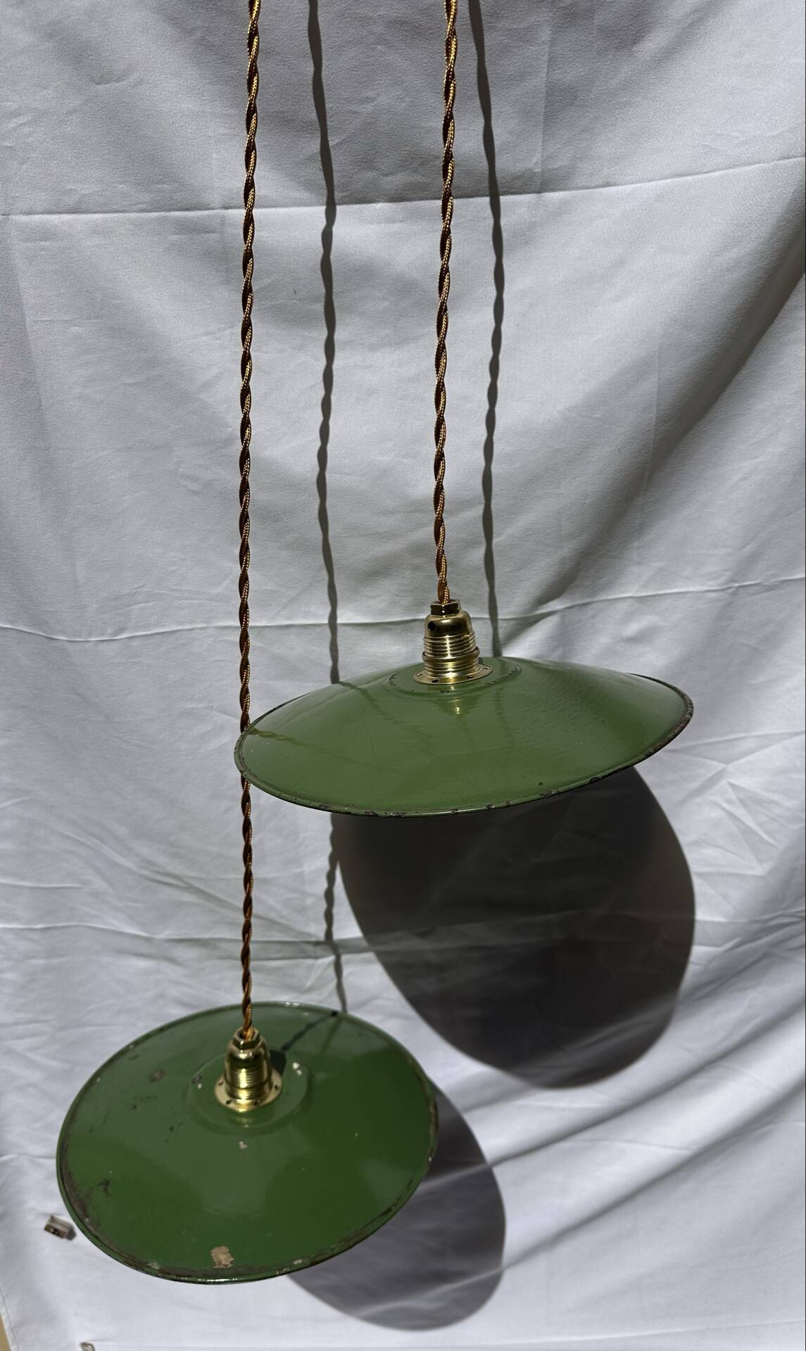 Vintage suspension pair in enamelled sheet metal retro factory style