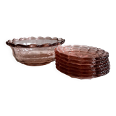 Ensemble en verre dépression rose vintage – bol et 6 assiettes à dessert