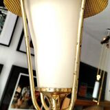 Three-arm pendant light in gilded brass and perforated metal by Maison Arlus Vintage from the 50s