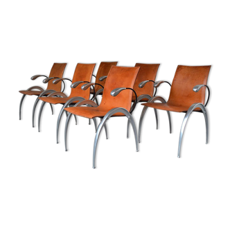 Set de 6 chaises de salle à manger en cuir cognac