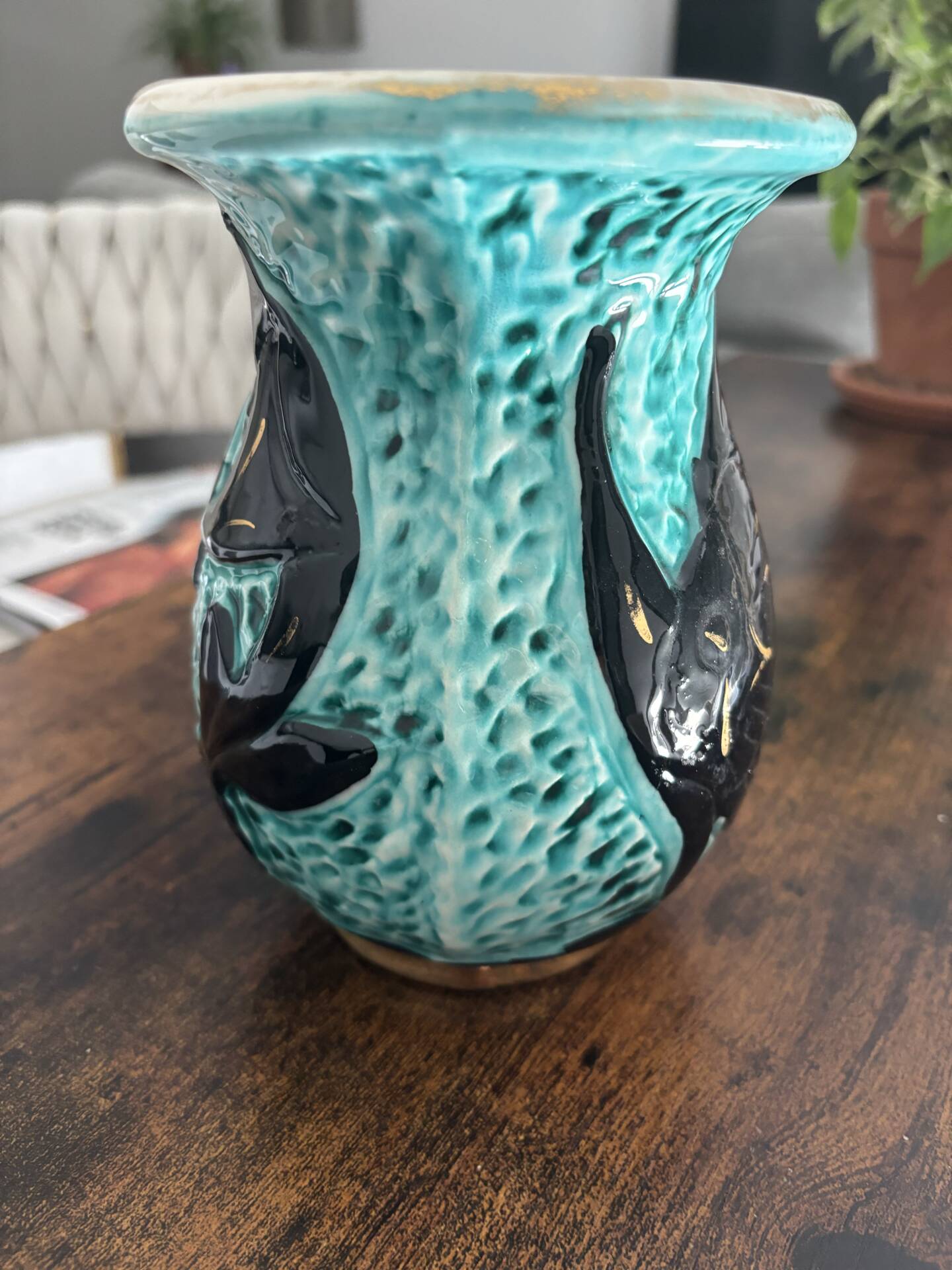 Vintage ceramic vase from Vallauris, 1950s-60s, turquoise and black.