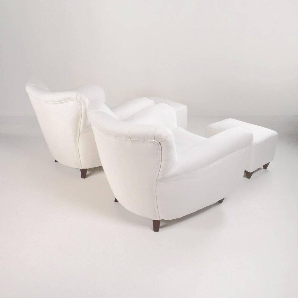 2 sets of Italian armchair with pouf in white fabric, Italy, 1940s