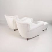 2 sets of Italian armchair with pouf in white fabric, Italy, 1940s