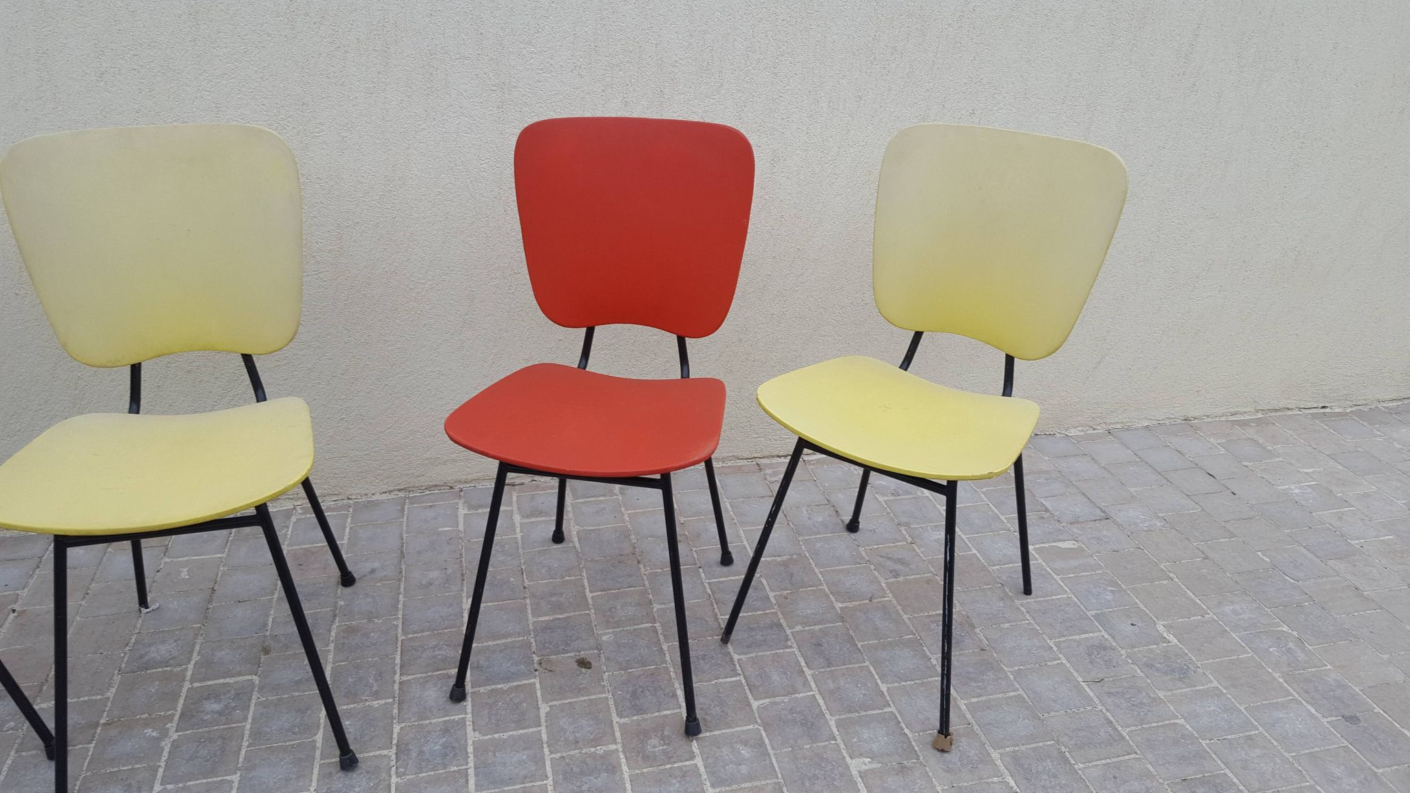 4 vintage metal tubular feet chairs, vinyl seating, skai