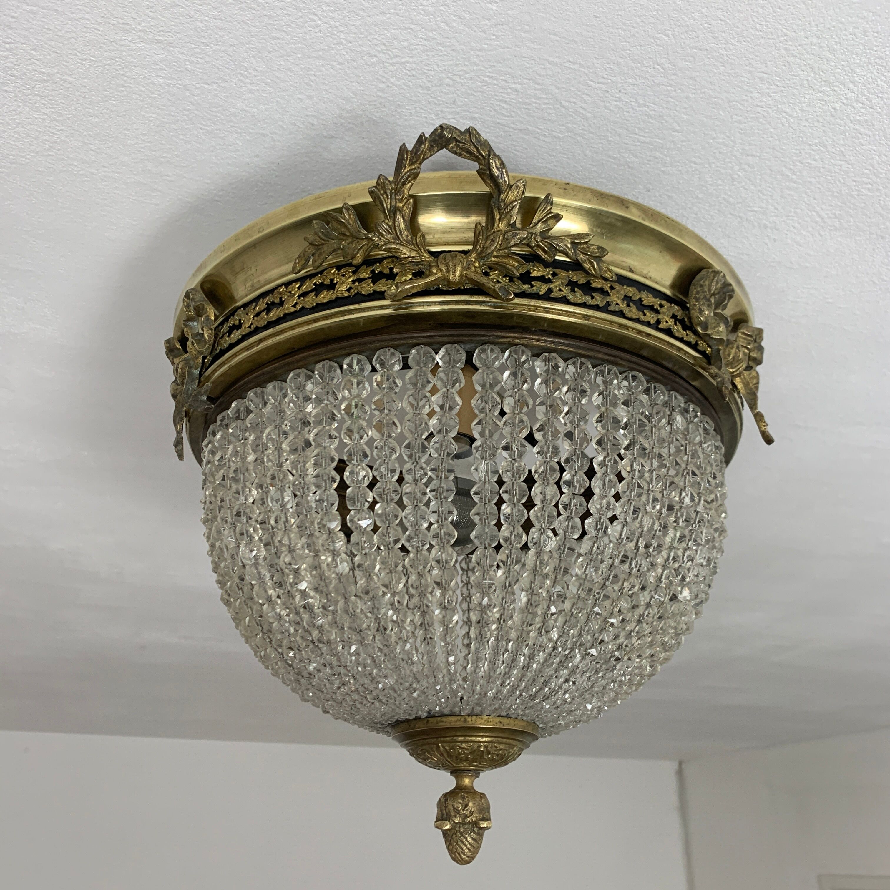 Ceiling light basket old 19th brass and faceted glass beads
