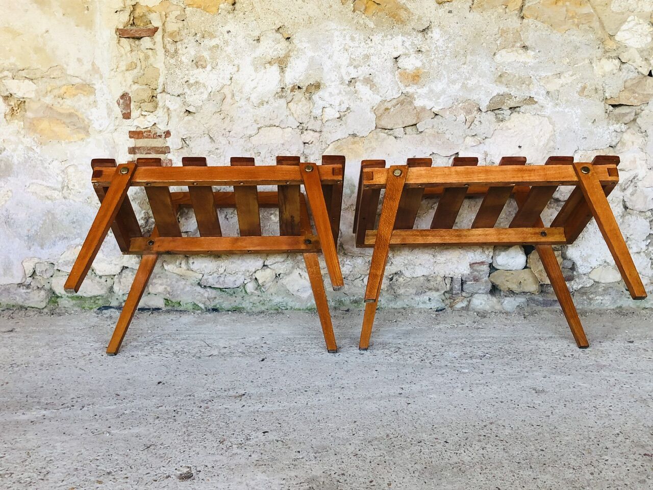 Pair of slatted side tables, Scandinavian style, 60s