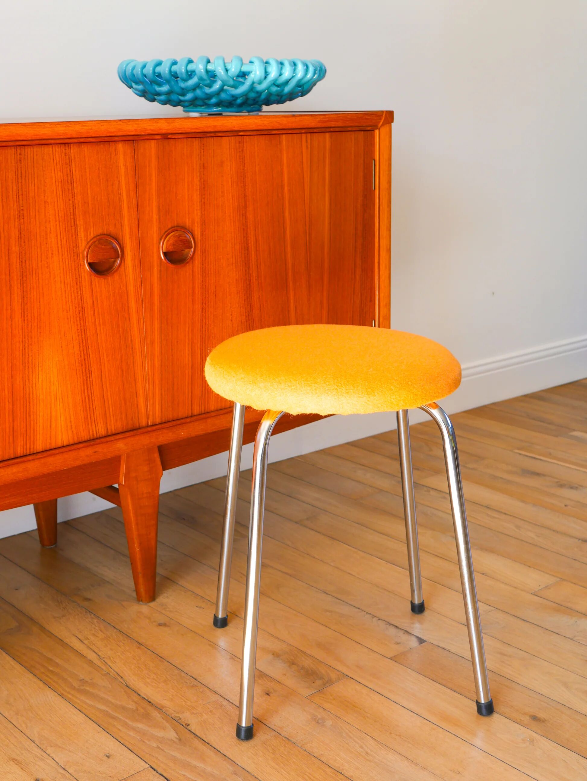 Chrome and boiled wool stool, orange, 1970.