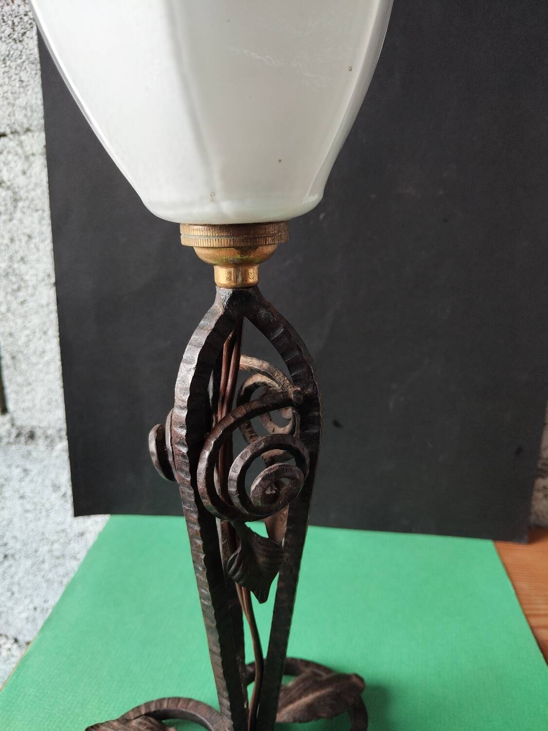 Hammered wrought iron lamp with white opaline Handmade craftsmanship