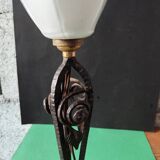 Hammered wrought iron lamp with white opaline Handmade craftsmanship