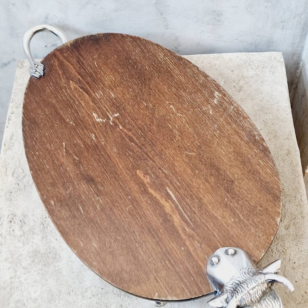 Plat à charcuterie vache métal argenté et bois