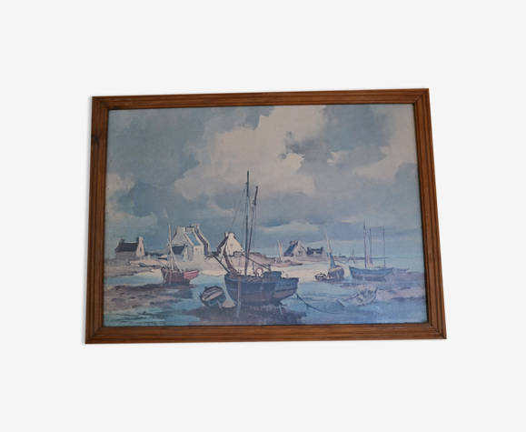 Marine collée et encadrée sur bois