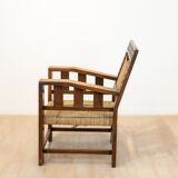 Neo-Basque sculpted armchairs in straw and oak, 1940s, set of 3