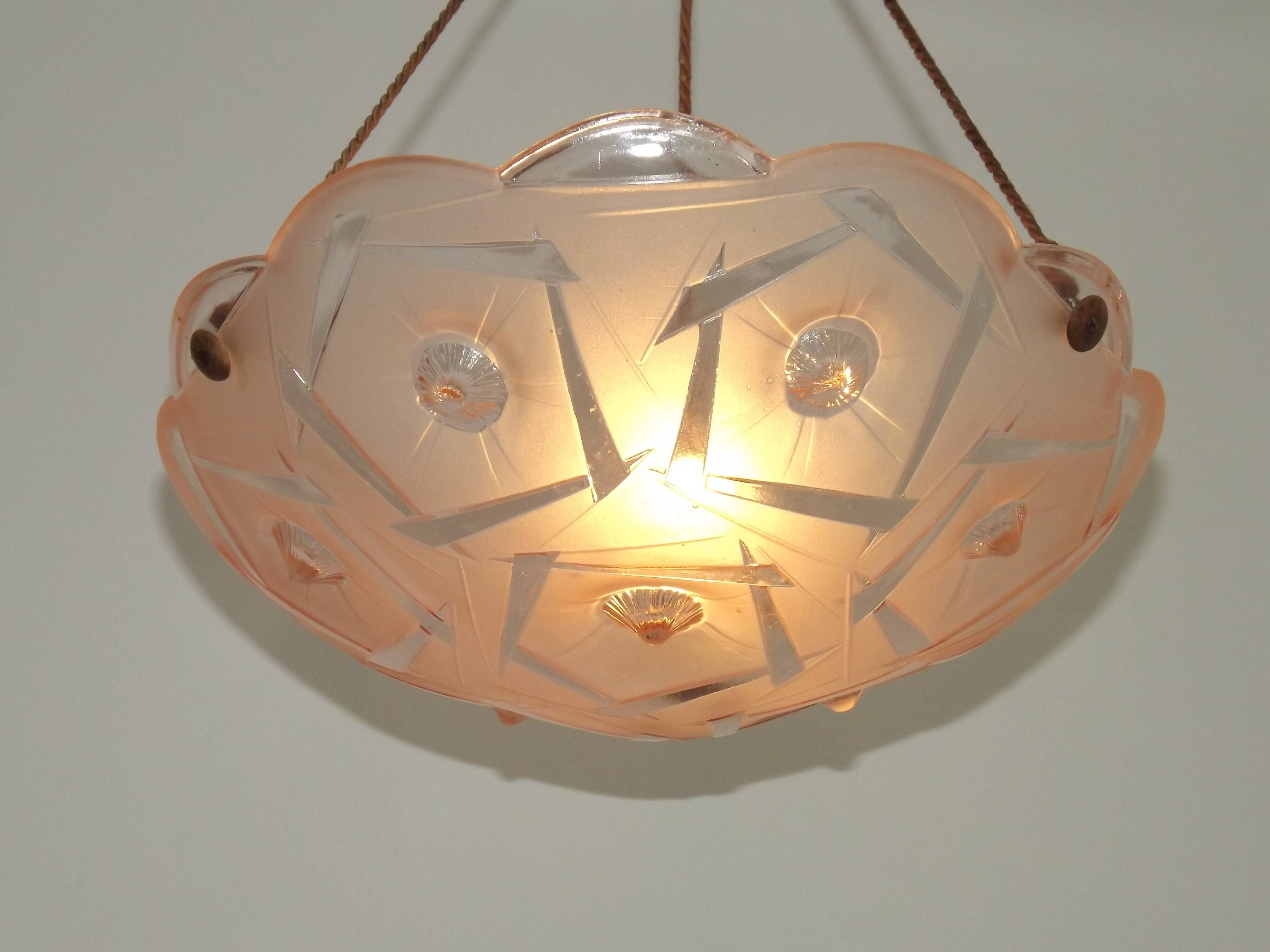 French Art Deco Stamped 1053 Pink Glass Plafonnier Hanging Light Pink Ropes
