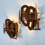 Pair of Brutalist wood & copper wall sconces, Italy, 1970s