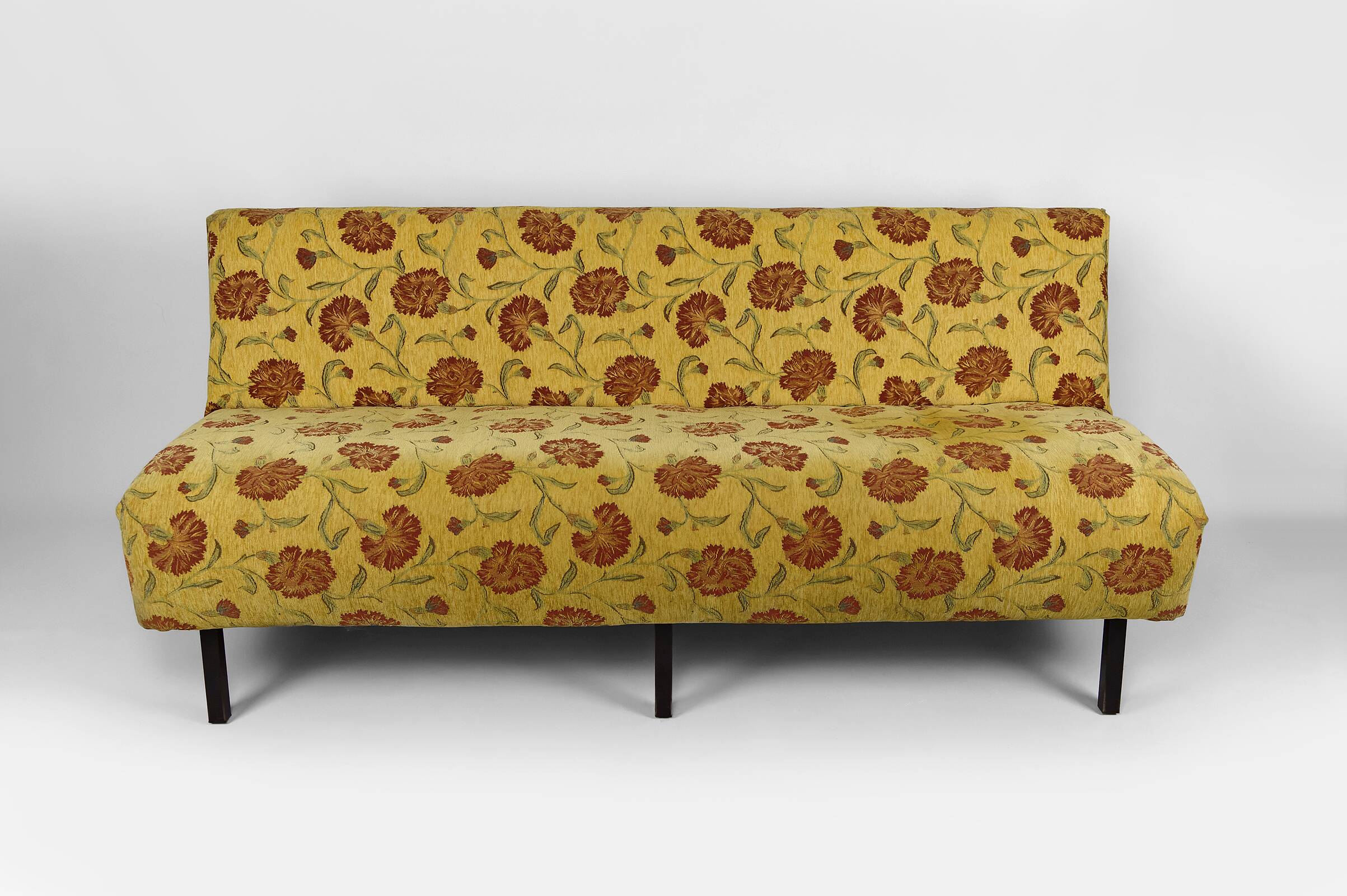 Bench with yellow and red floral fabric, France, circa 1960