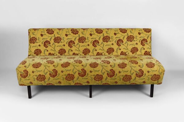 Banquette à tissu floral jaune et rouge, France, circa 1960