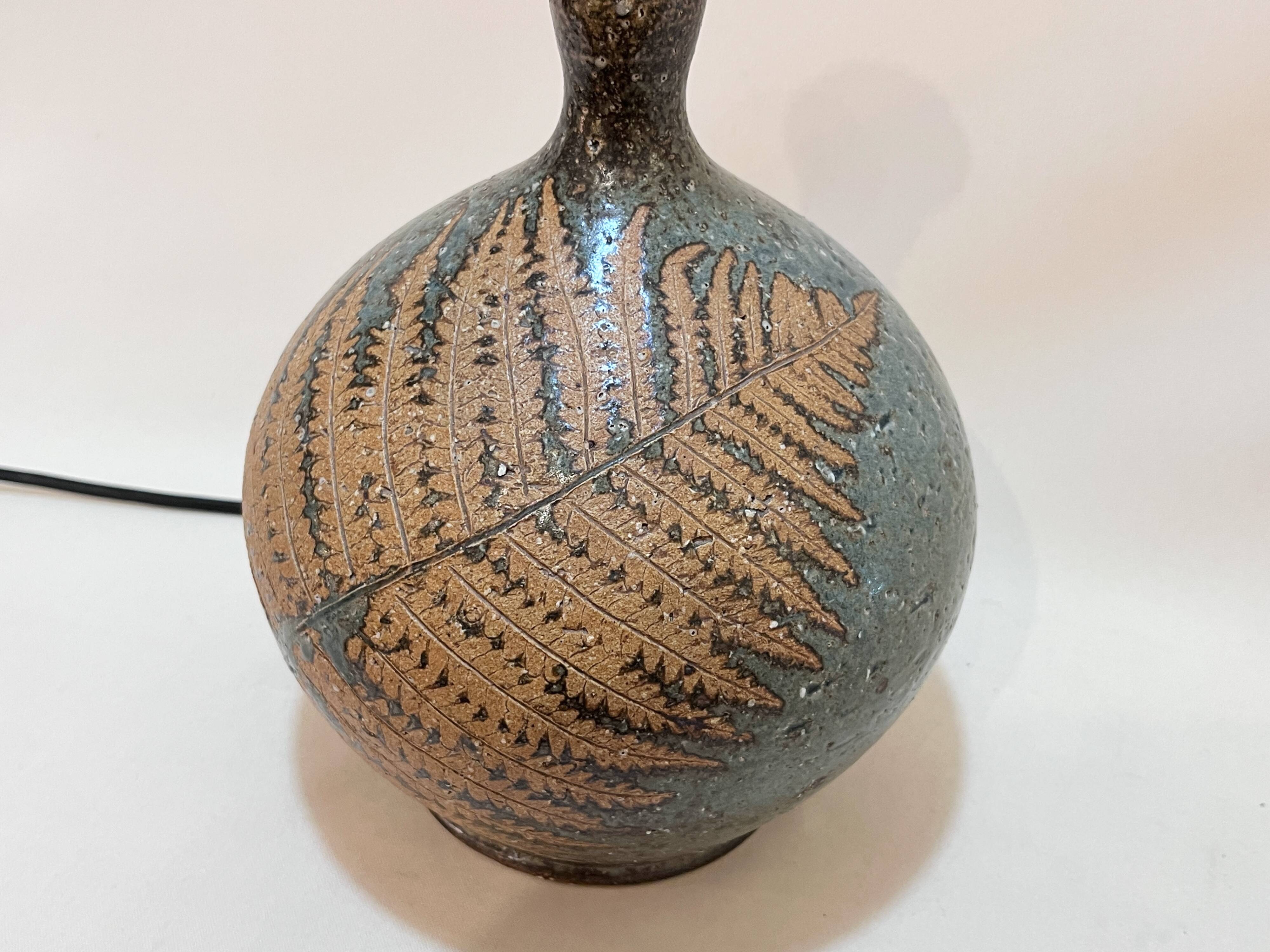 Vintage stoneware lamp by Alain Blanchard, 1970s, fern, rope shade