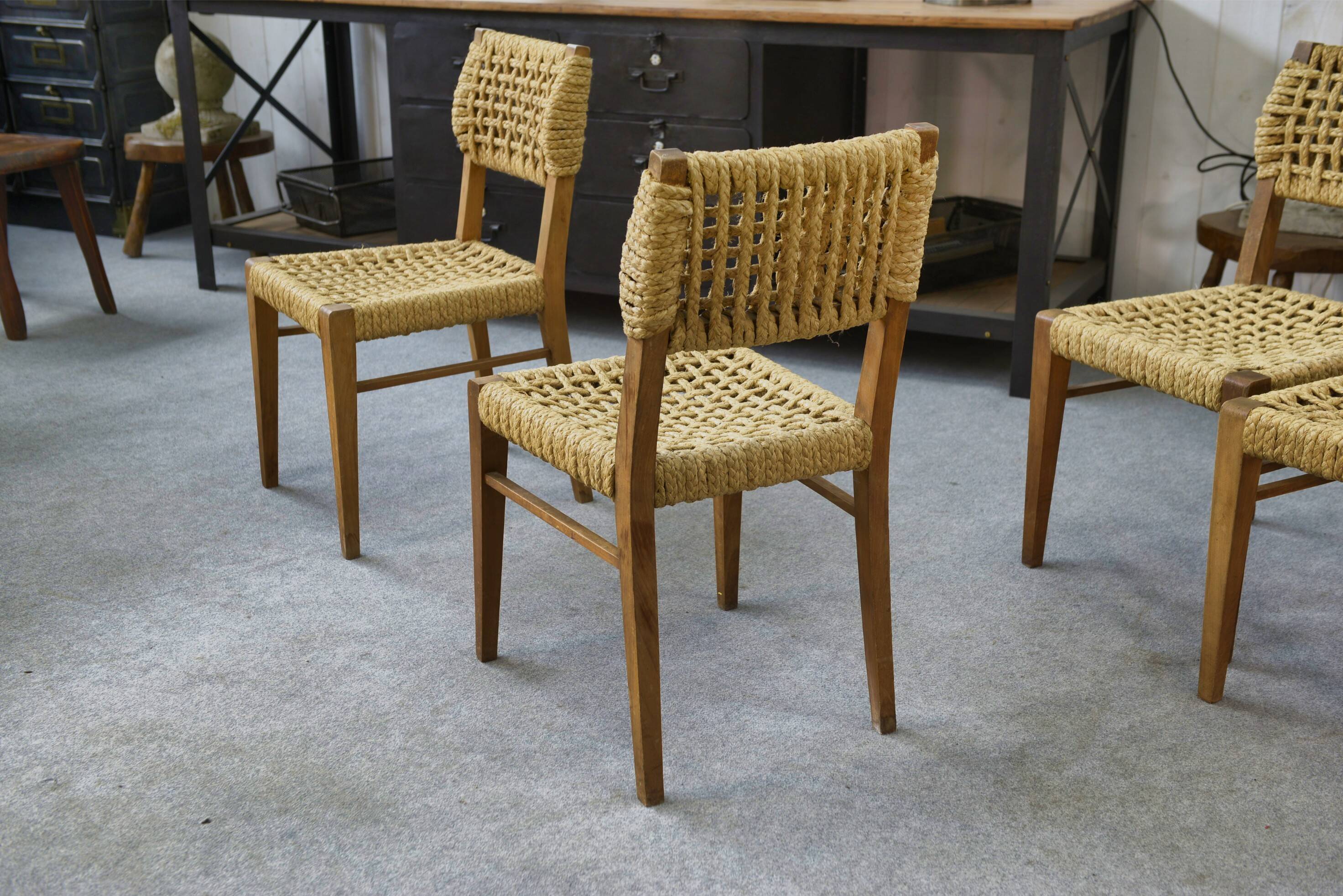 Set of 6 woven rope chairs by Adrien Audoux & Frida Minet for Vibo Versoul 1940's