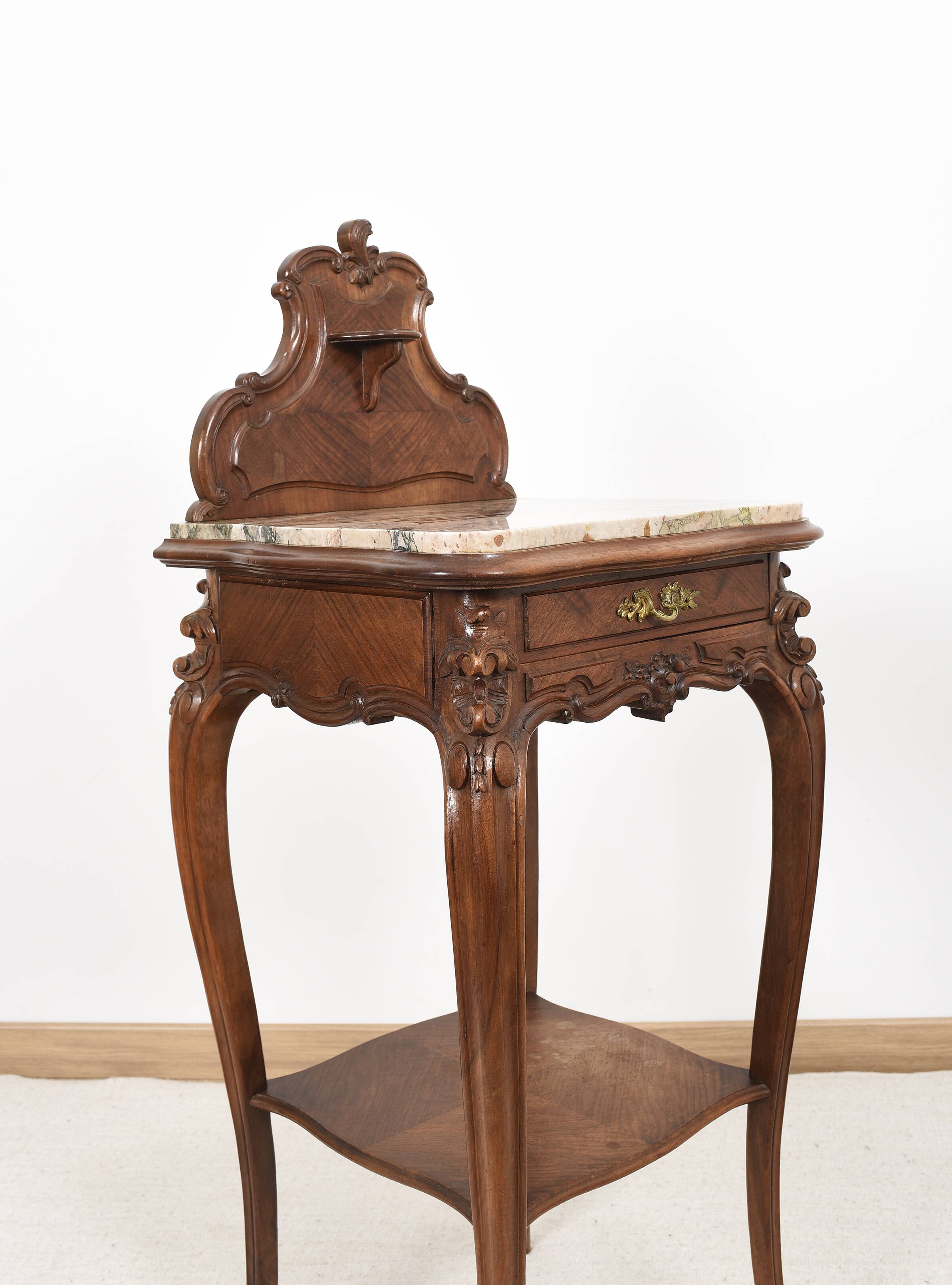 Pedestal table, old bedside table, Louis XV style, in wood and marble