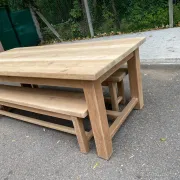 2 stripped farmhouse benches in solid oak, 1970, 175cm.