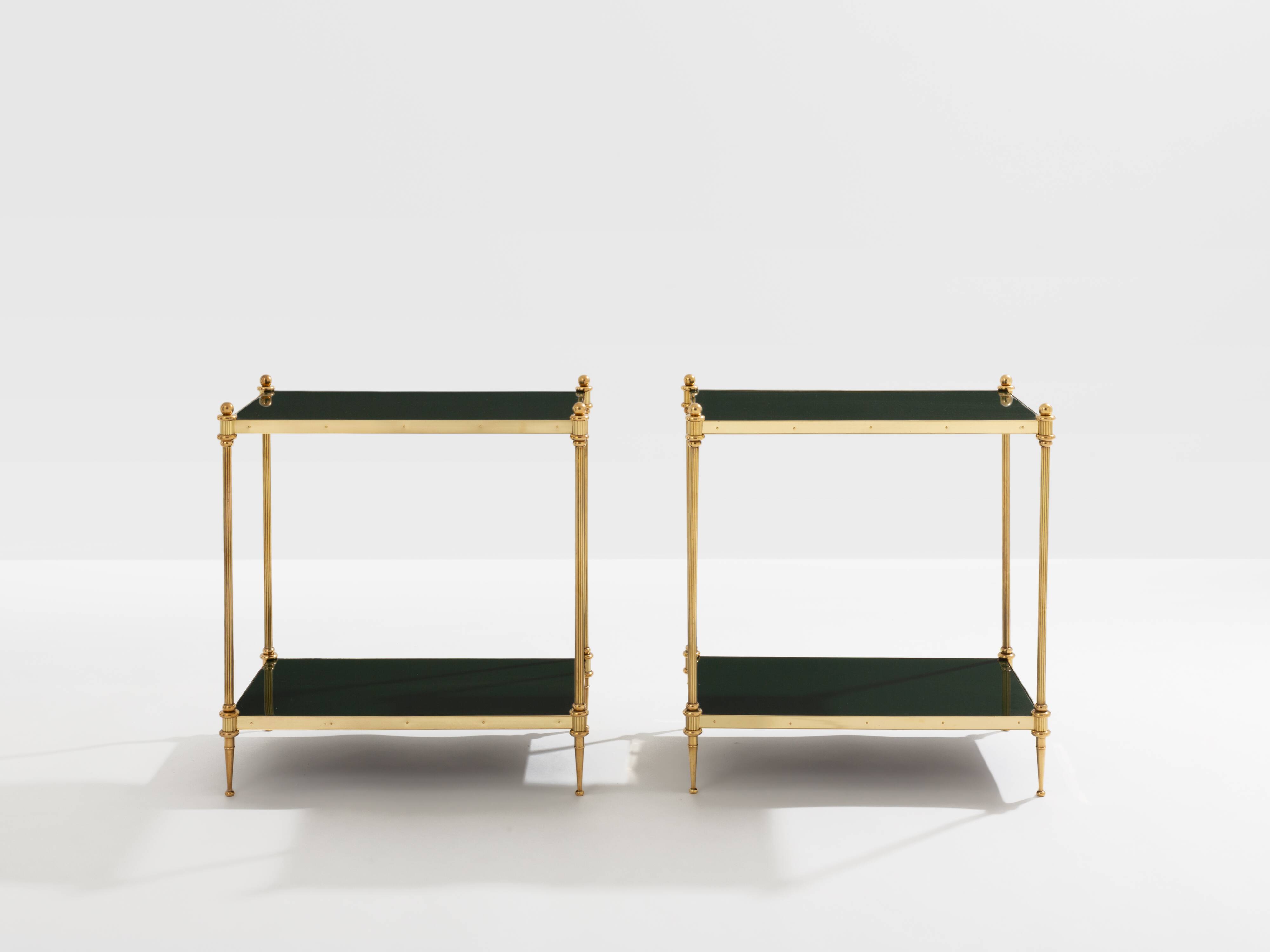 Pair of neoclassical lacquered brass side tables by Maison Jansen, 1970