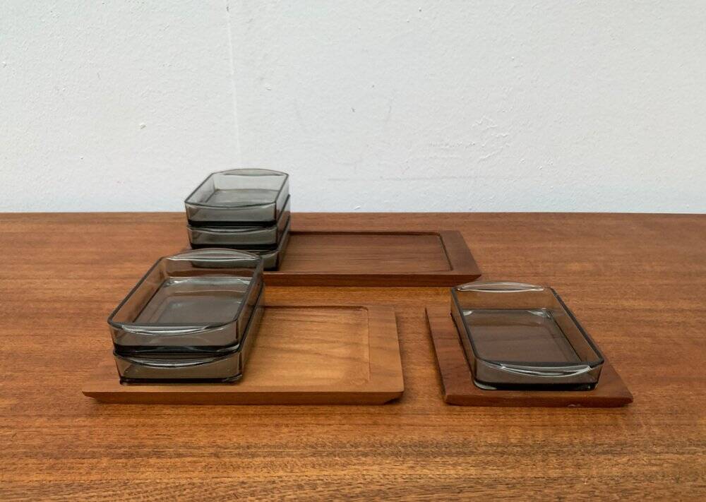 Danish mid-century teak plateau with Holmegaard glass serving trays, 1960s, set of 9.
