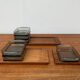 Danish mid-century teak plateau with Holmegaard glass serving trays, 1960s, set of 9.