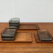 Danish mid-century teak plateau with Holmegaard glass serving trays, 1960s, set of 9.