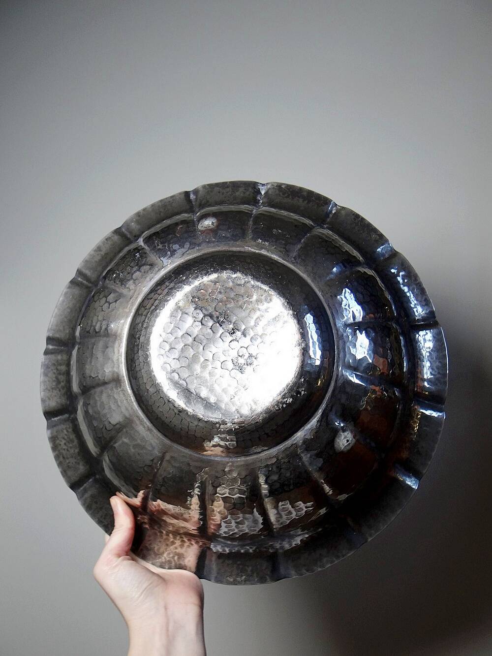 Large basin, bowl, Olri Italy vintage 50s Silver plated hammered