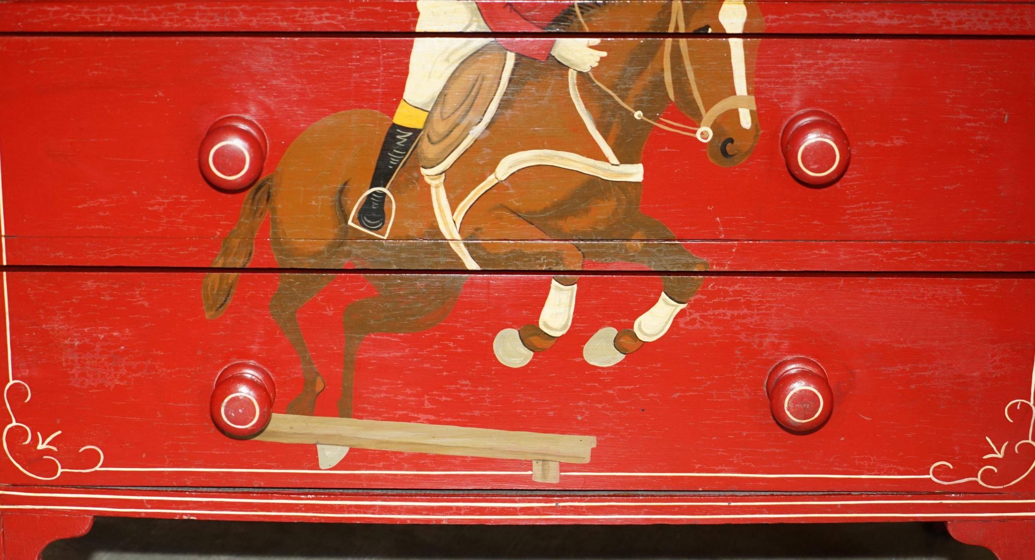 Hand-painted Victorian pine commode featuring a horse and jockey.