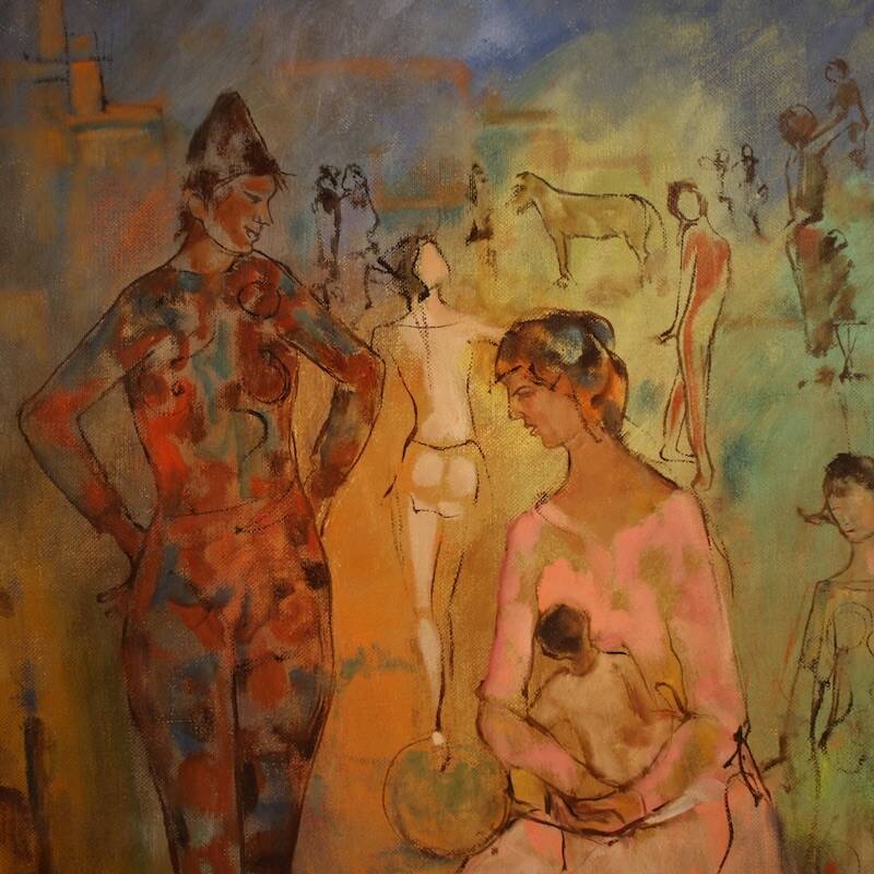 Italian painting, Family of Acrobats, dated 1981
