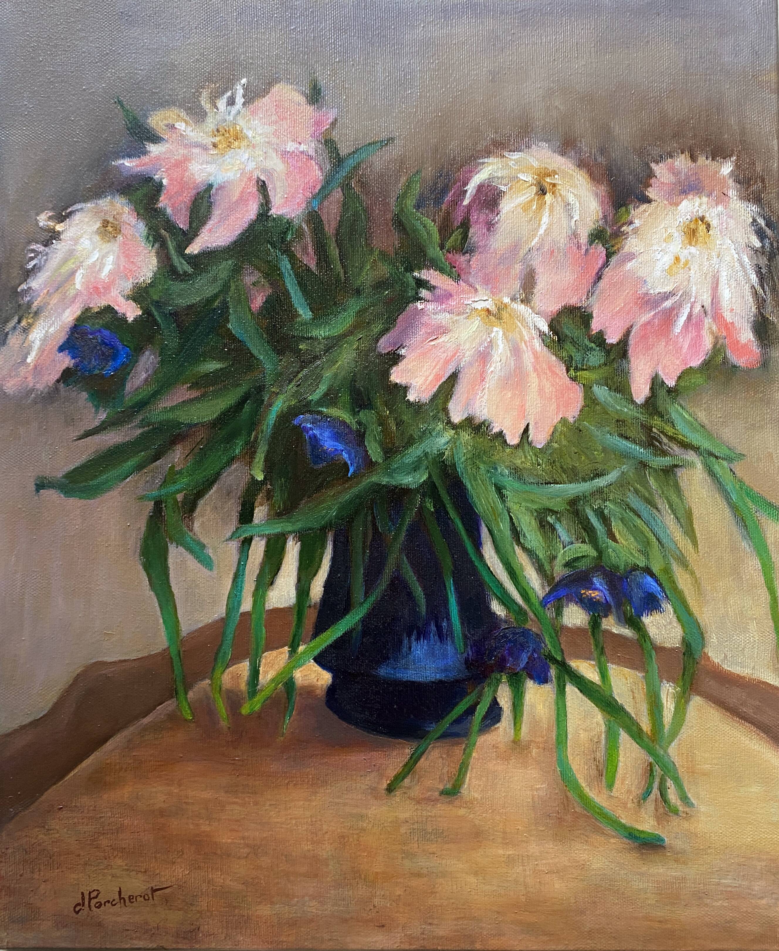 HST painting "bouquet of flowers in vase" signed Porcherot late 20th century