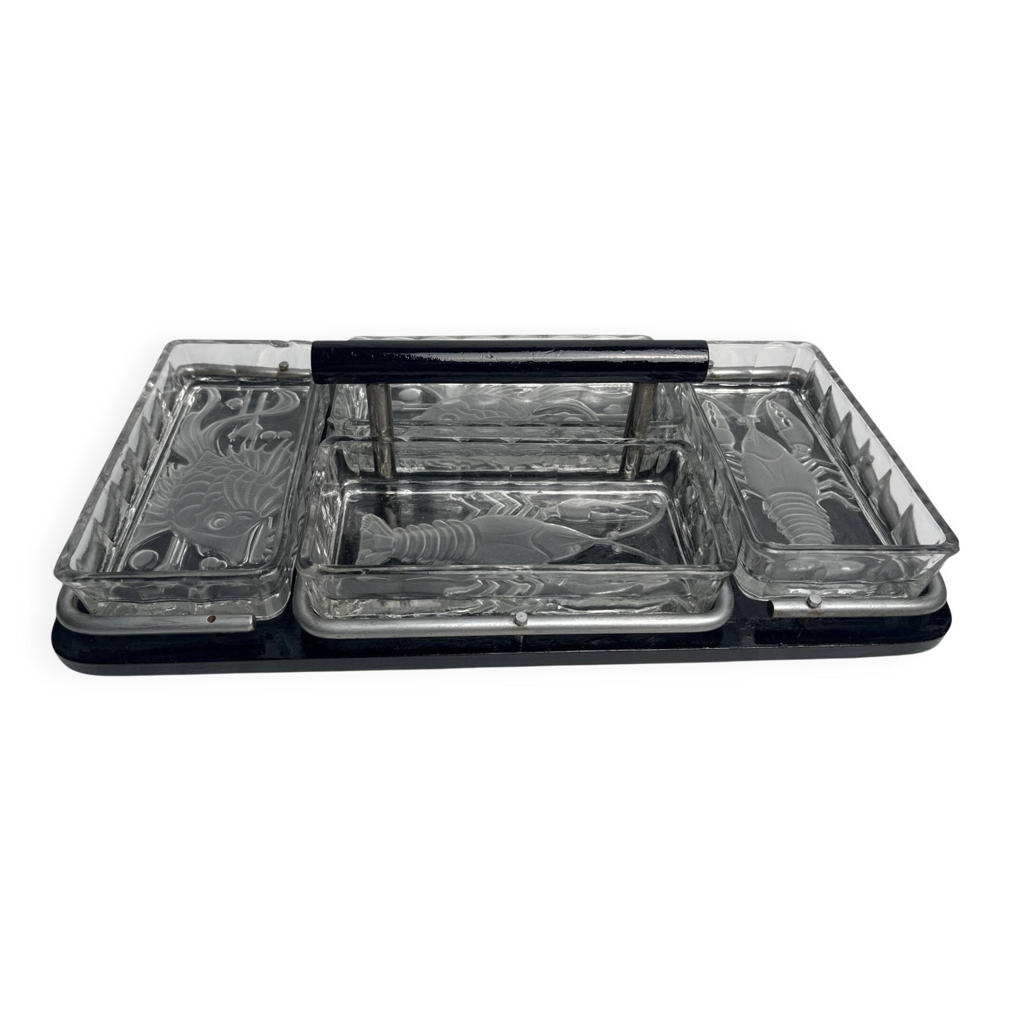 Art Deco, serving tray with glass ramekins for fish and shellfish from around 1940.