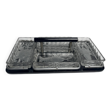Art Deco, serving tray with glass ramekins for fish and shellfish from around 1940.
