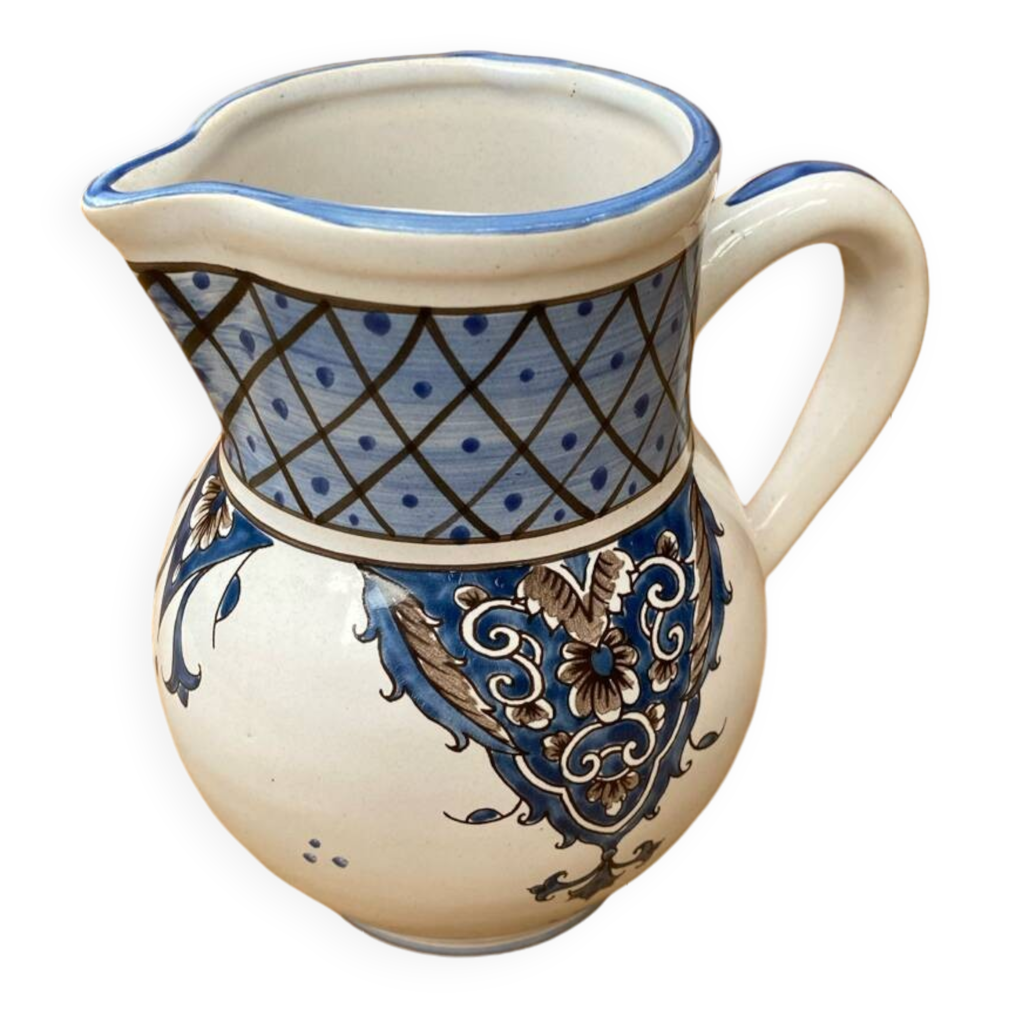 Antique Nevers Style Pitcher White Ceramic Blue Painted Decor Vintage #B630