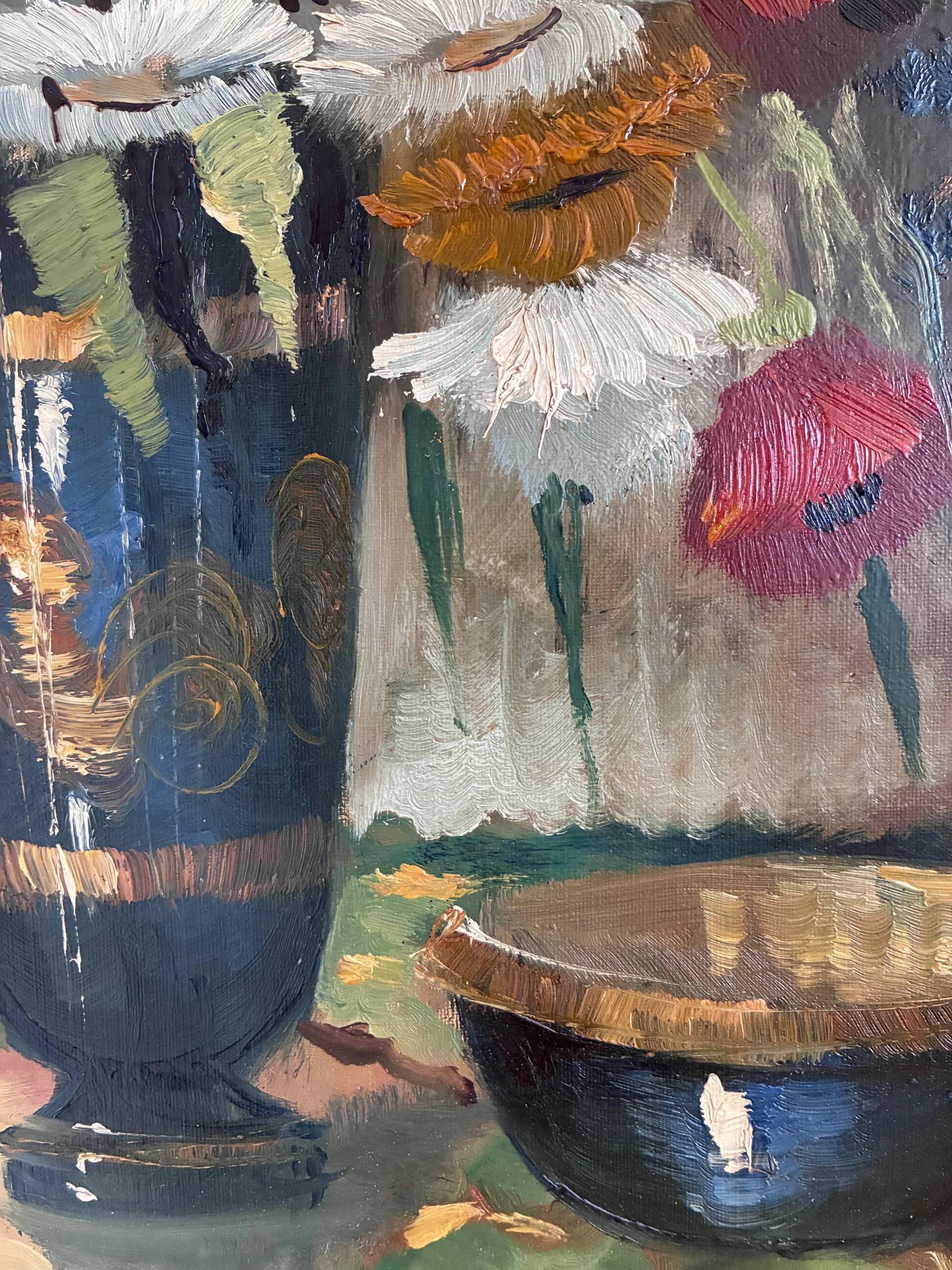 Vintage original floral oil painting with wildflowers in blue vase