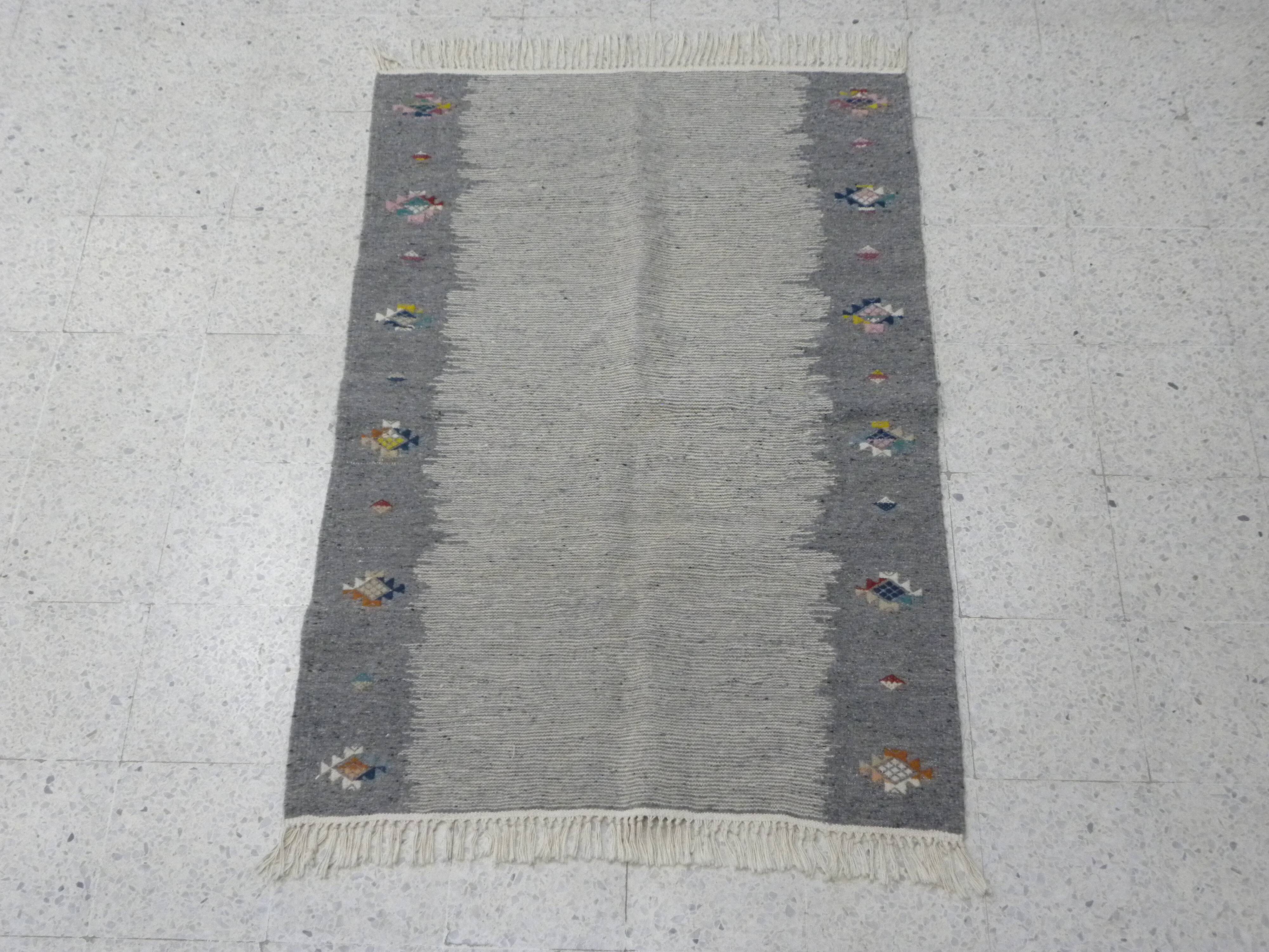 Ethnic Tribal Grey Berber Kilim Rug with Traditional Pattern