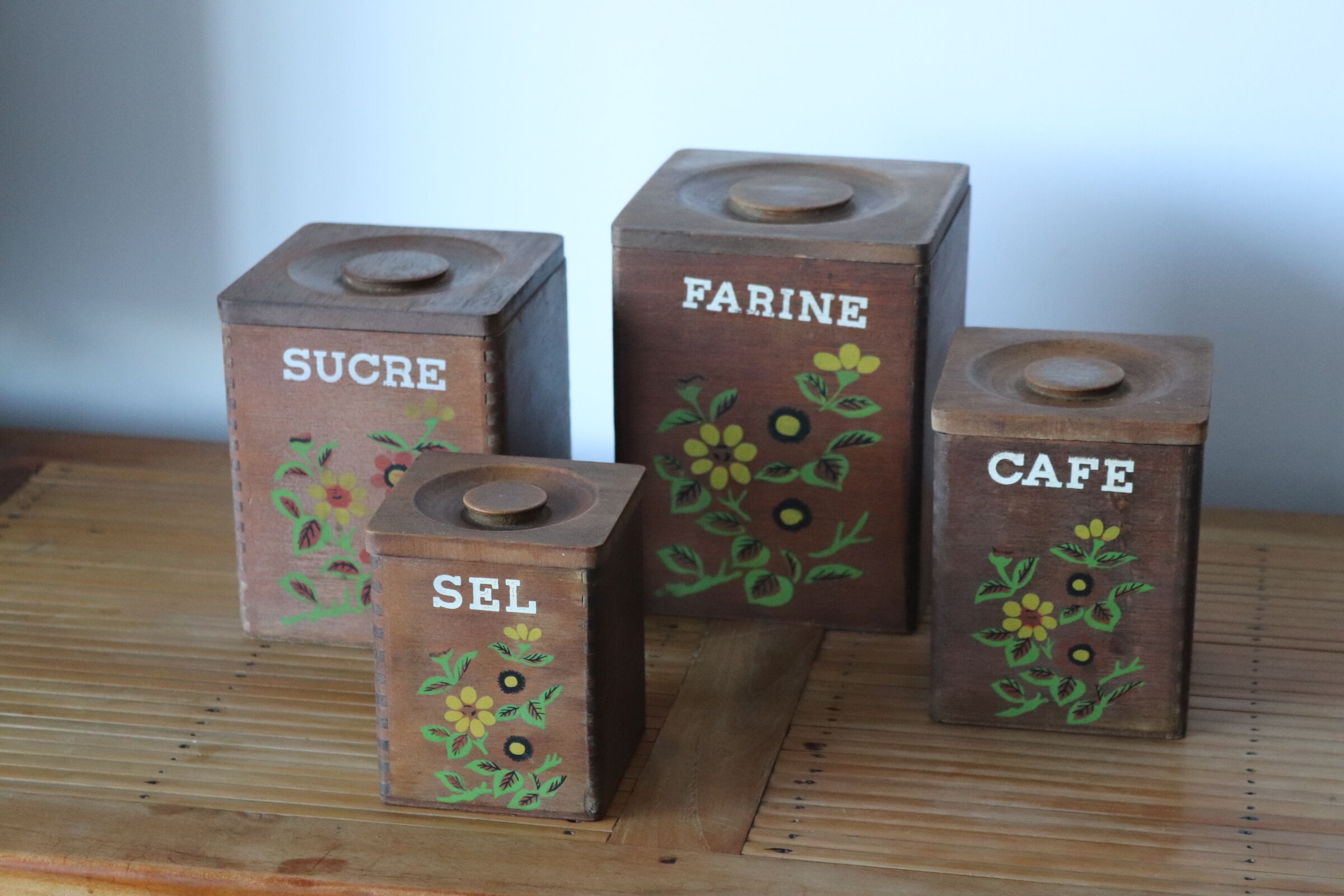 4 vintage wooden spice boxes 70s