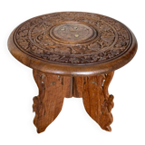 Ancienne table basse tripode bois sculpté & laiton incrusté inde vintage