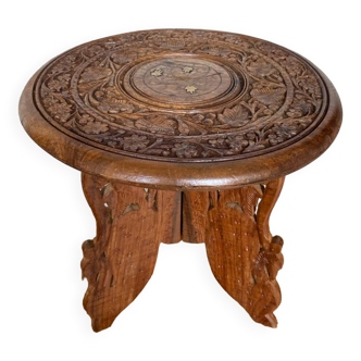 Antique tripod coffee table carved wood & brass inlaid india vintage