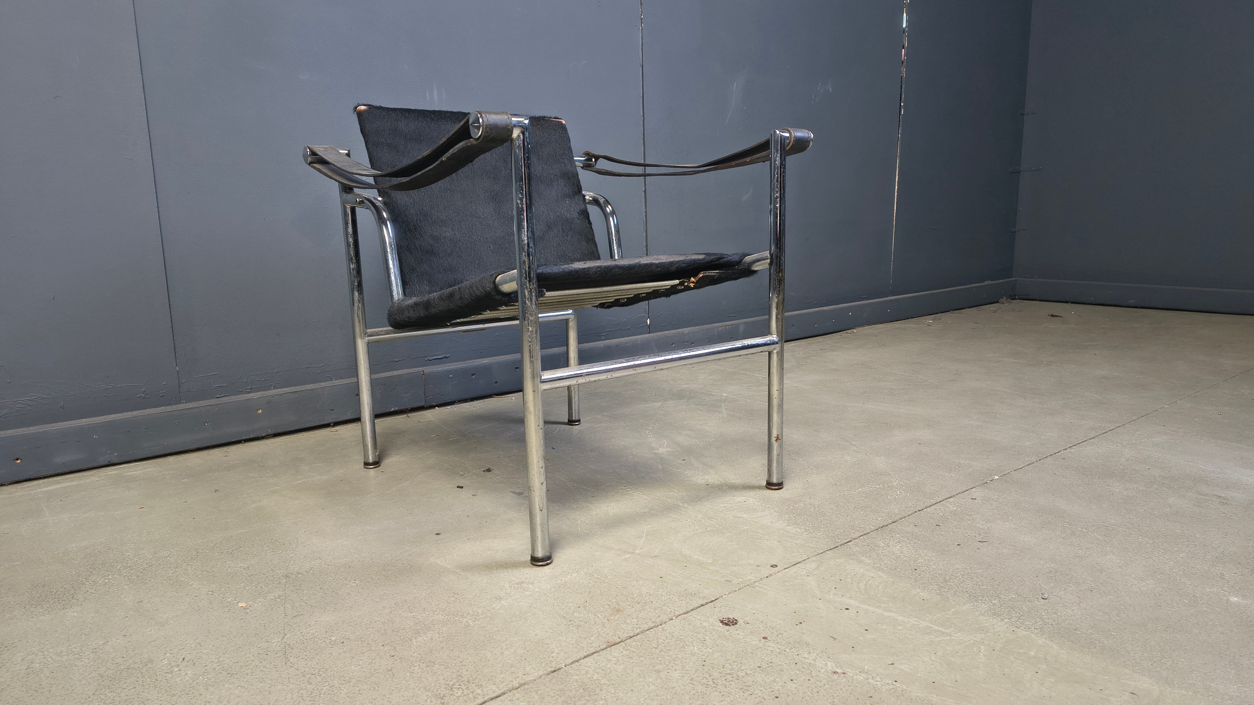LC-1 chair in black ponyskin by Le Corbusier for Cassina 1970s