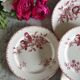 5 assiettes plates anciennes terre de fer rose modèle "Favori" de la manufacture française de Sarreguemines