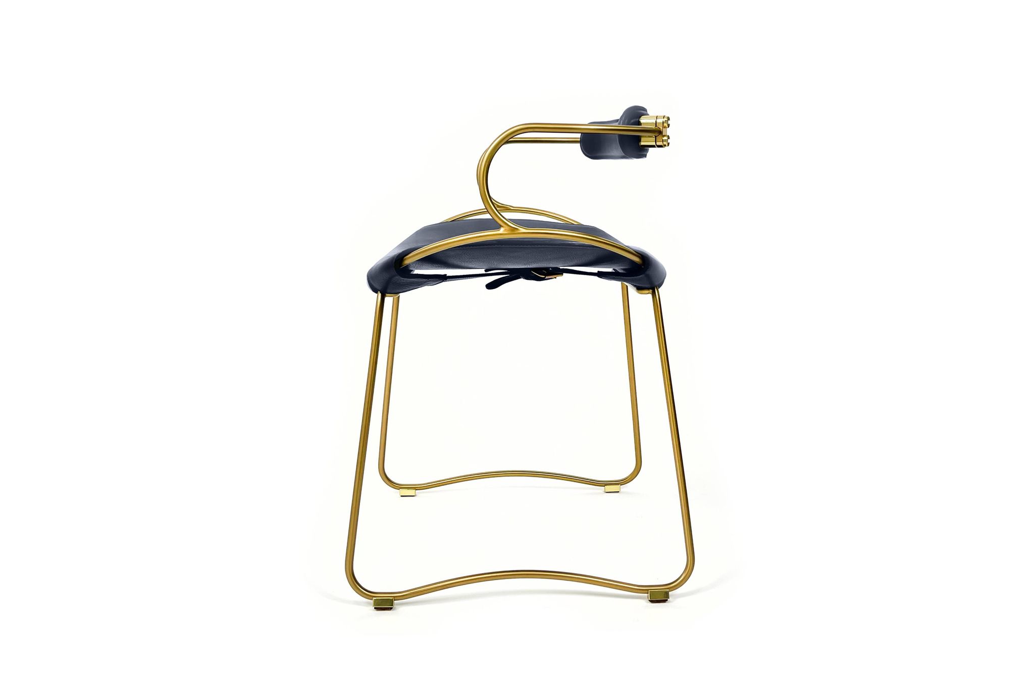Tabouret de bar de cuisine contemporain avec. Dossier Métal Laiton et Cuir Bleu Marine