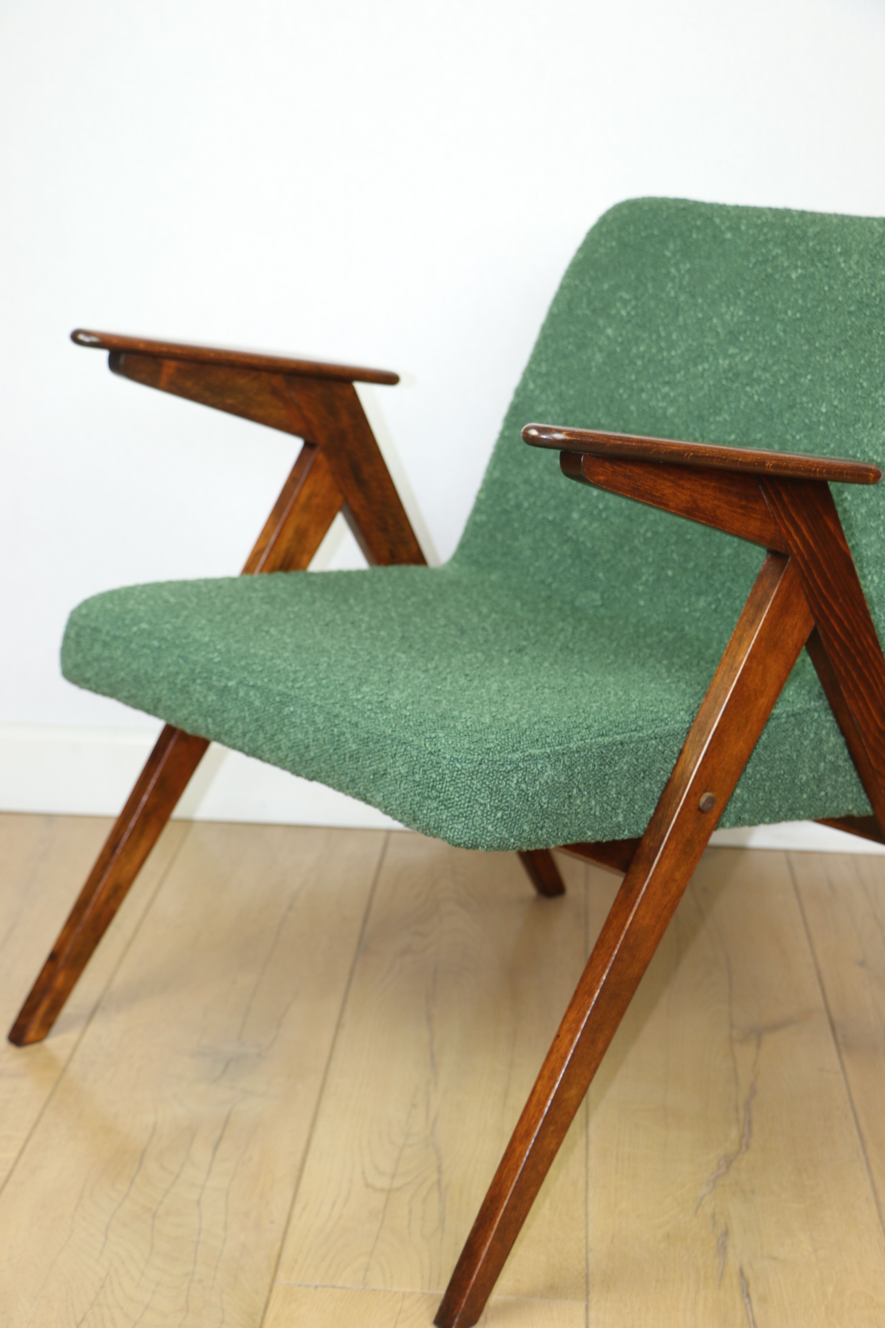 Bunny armchair, 1970s green boucle by J. Chierowski - 2 pieces available