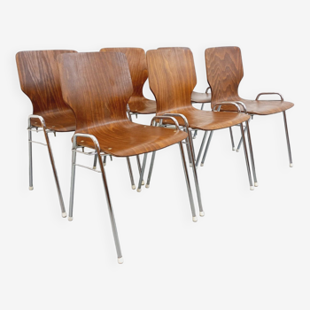 Suite de 6 chaises empilables Baumann en bois et métal, années 70