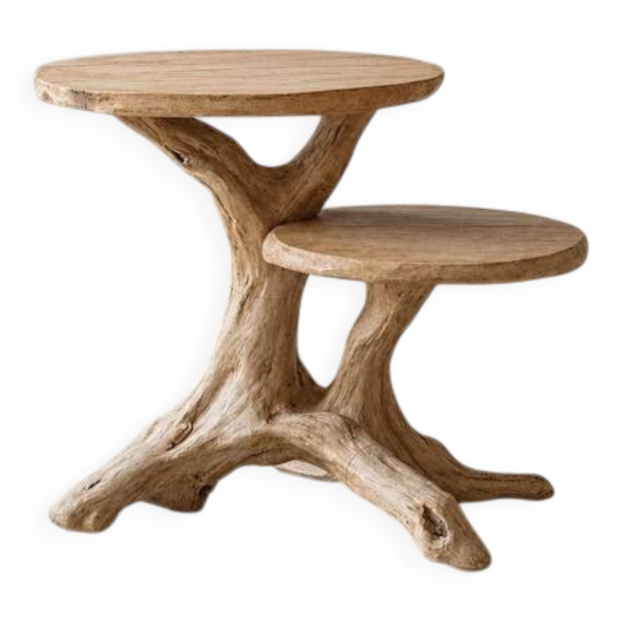 Rustic sculptural side table made of natural and organic driftwood.