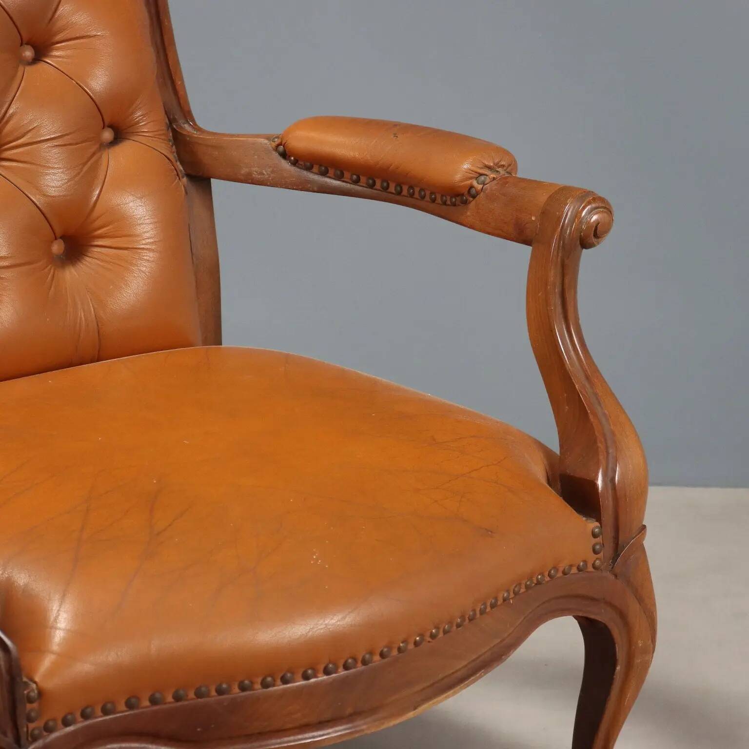 Antique walnut and leather armchairs, Italy, 20th century